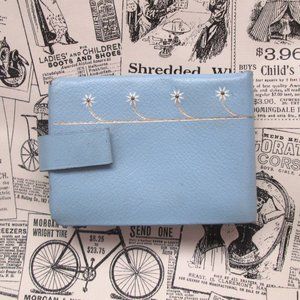 blue leather wallet 1950s vintage gold daisy floral pin up